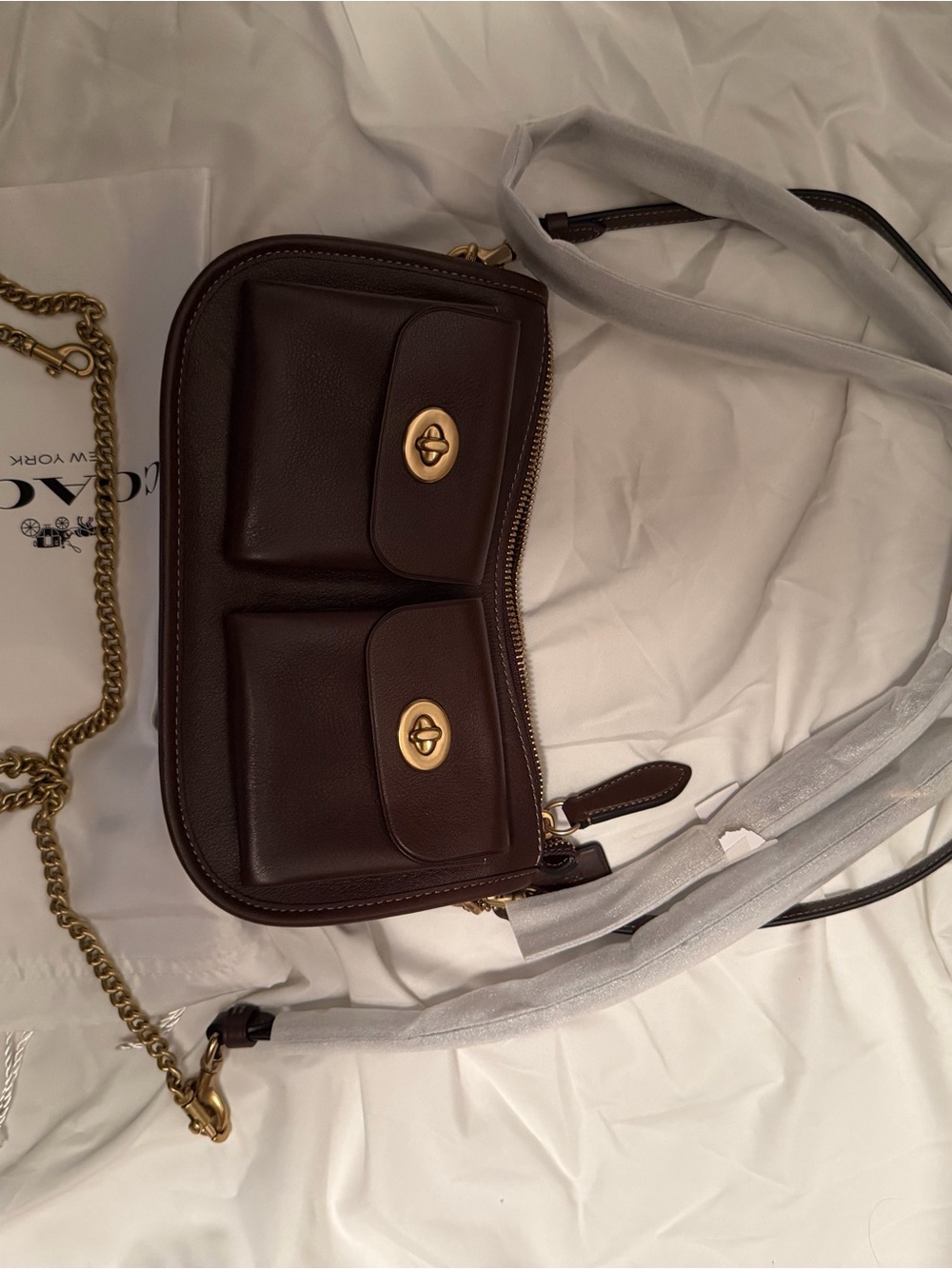 Coach Dark Brown Leather Double Pocket Mini Crossbody with Gold Hardware